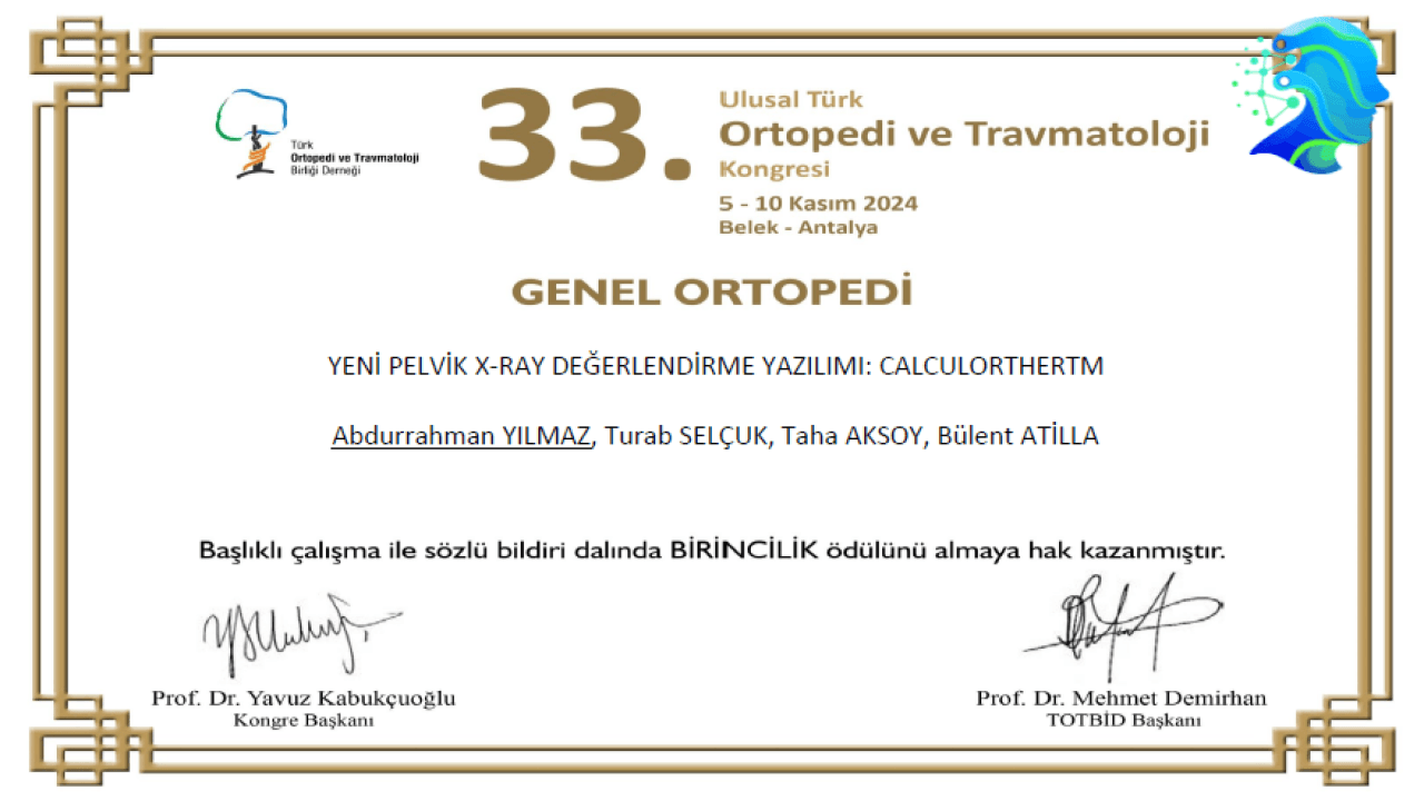 TOTBİD 2024 Genel Ortopedi sözlü bildiri birincilik belgesi