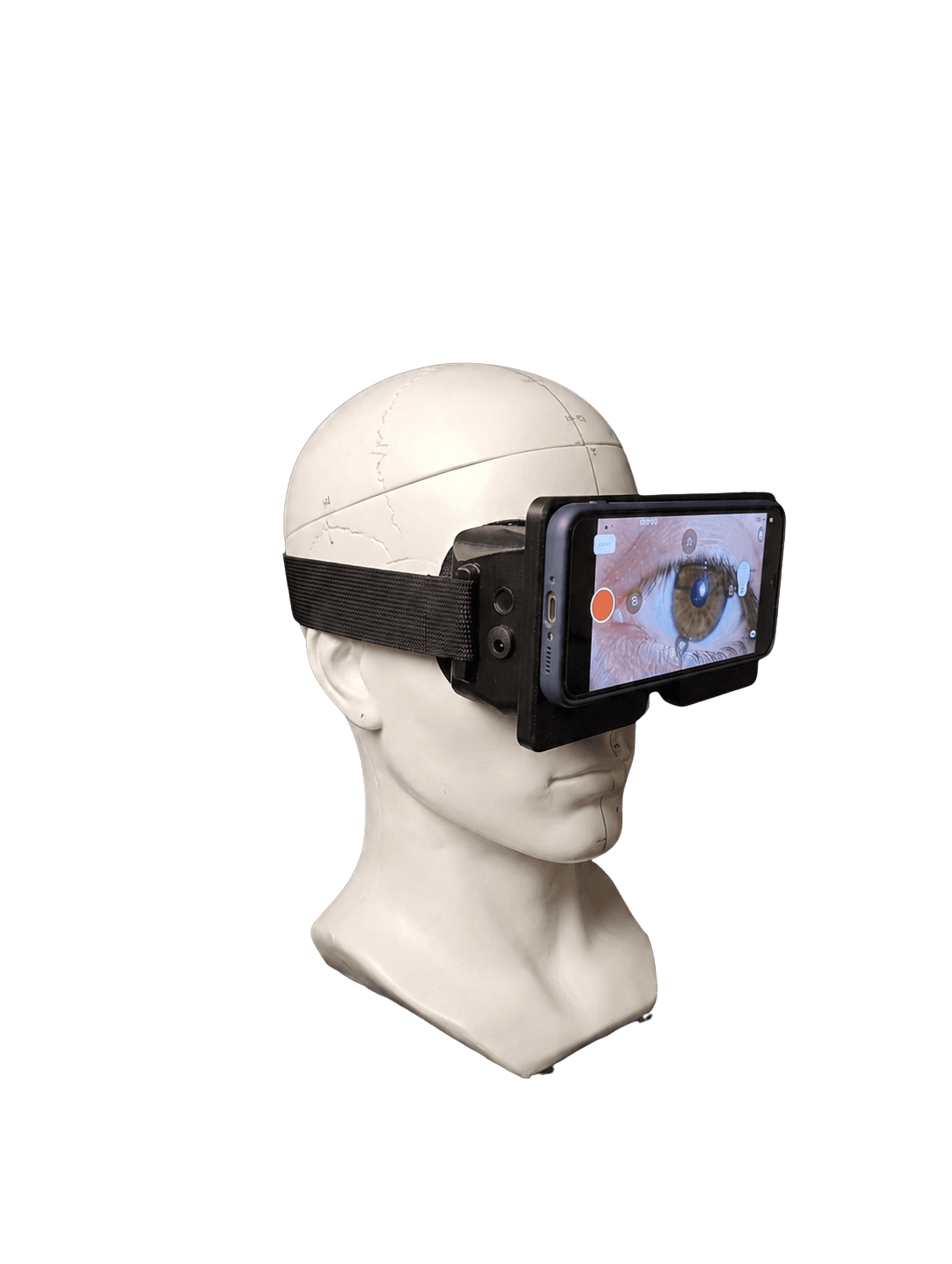 vNistagmus device on a mannequin with the app interface visible